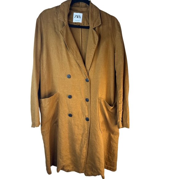 ZARA Womens Medium Double-Breasted Linen Coat Gold Brown - Picture 4 of 15